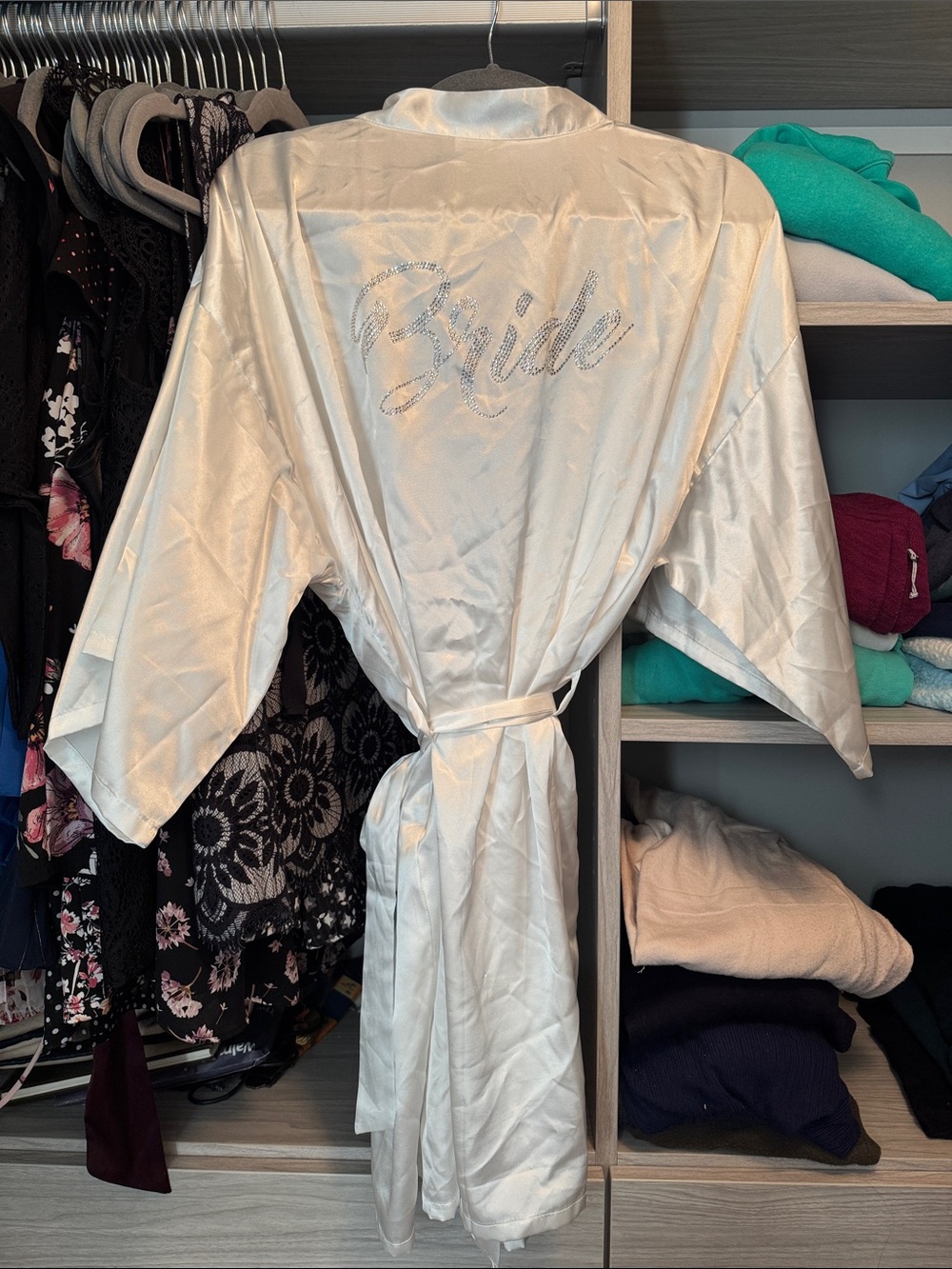 White Satin 'Bride' Robe with Rhinestone Script - Picture 3 of 3